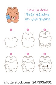 How to draw bear talking on the phone vector illustration. Draw bear talking on cell phone step by step. Cute and easy drawing guide.
