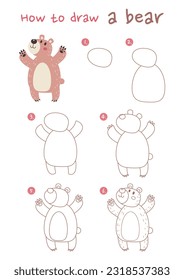 How to draw a bear vector illustration. Draw a bear step by step. Cute and easy drawing guide.