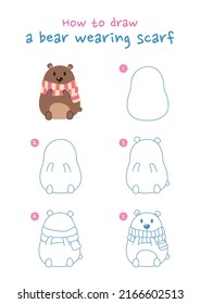 How to draw a bear wearing scarf vector illustration. Draw funny bear step by step. Cute and easy drawing guide.