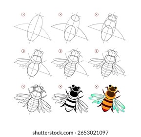 How to draw a bee. Educational page for children. Creation step by step insect illustration. Printable worksheet for kids school exercise book. Online education. Vector drawing.