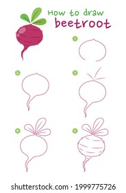 How to draw a beetroot vector illustration. Draw a beetroot step by step. Beetroot drawing guide. Cute and easy drawing guidebook.