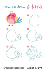 How to draw a bird vector illustration. Draw a bird step by step. Cute and easy drawing guide.