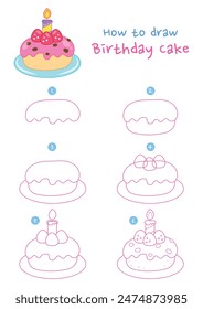 How to draw birthday cake vector illustration. Draw cake with candle step by step. Cute and easy drawing guide.