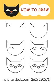 How to draw black cat face cartoon step by step for learning, drawing, kid, education and coloring book 