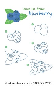 How To Draw Blueberries Vector Illustration. Draw Blueberry Step By Step. Blueberry Drawing Guide. Cute And Easy Drawing Guidebook.