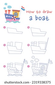 How to draw a boat vector illustration. Draw a boat step by step. Cute and easy drawing guide.