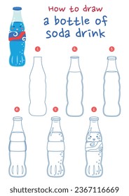 How to draw a bottle of blueberry juice vector illustration. Draw soda drink step by step. Cute and easy drawing guide.