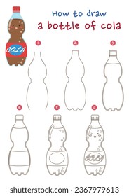 How to draw a bottle of cola vector illustration. Draw cola drink step by step. Cute and easy drawing guide.