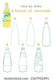 How to draw a bottle of lemonade vector illustration. Draw lemon juice step by step. Cute and easy drawing guide.