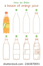 How to draw a bottle of orange juice vector illustration. Draw orange juice step by step. Cute and easy drawing guide.