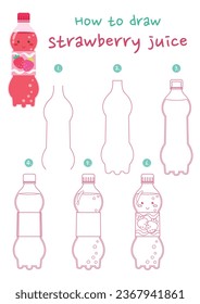 How to draw a bottle of strawberry juice vector illustration. Draw strawberry drink step by step. Cute and easy drawing guide.