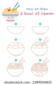Cómo dibujar un tazón de ilustración vectorial de ramen. Dibujar ramen paso a paso. Guía de dibujo suave y sutil.