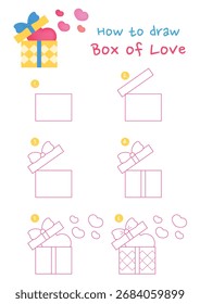 Wie zu zeichnen Box der Liebe Vektorgrafik. Zeichnen Sie Geschenkbox mit Herz Schritt für Schritt. Nette und einfache Zeichenführung.