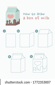 How to draw a box of milk vector illustration. 5 steps to draw a box of milk. Box of milk drawing guide. Cute and easy drawing guidebook.