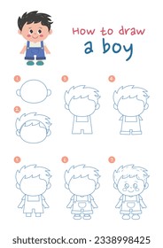 How to draw a boy vector illustration. Draw a boy step by step. Cute and easy drawing guide.