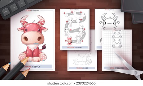 How to Draw a Bull. Step by Step Drawing Tutorial. Draw Guide. Simple Instruction. Coloring Page. Worksheets for Kids and Adults. Vector eps 10.