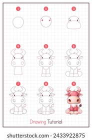 How to Draw a Bull. Step by Step Drawing Tutorial. Draw Guide. Simple Instruction for Kids and Adults. Vector eps 10.
