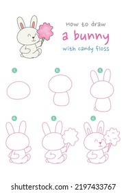 How to draw a bunny with candy floss vector illustration. Draw a bunny with cotton candy step by step. Cute and easy drawing guide.