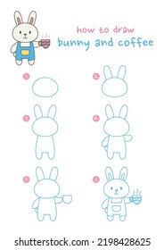 How to draw bunny holding coffee cup vector illustration  Draw rabbit holding coffee cup step by step  Cute   easy drawing guide 