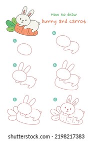 How to draw a bunny hugging a big carrot vector illustration. Draw rabbit and carrot step by step. Cute and easy drawing guide.