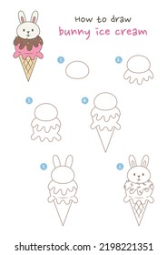 How to draw bunny ice cream vector illustration. Draw bunny ice cream step by step. Cute and easy drawing guide.