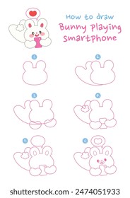 Cómo dibujar conejito jugando Ilustración vectorial de smartphone. Dibuja conejo jugando en el teléfono paso a paso. Guía de dibujo lindo y fácil.