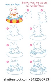 How to draw bunny playing water in rubber pool vector illustration. Draw rabbit playing water step by step. Cute and easy drawing guide.