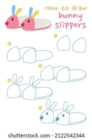 How To Draw Bunny Slippers Vector Illustration. Draw Slipper Shoes Step By Step. Cute And Easy Drawing Guide.