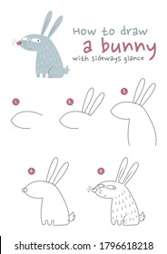 How to draw a bunny vector illustration. Draw a rabbit step by step.  Glance eyes bunny drawing guide. Cute and easy drawing guidebook.