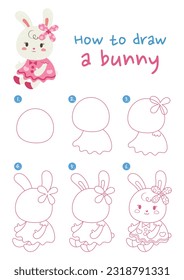 How to draw a bunny vector illustration. Draw a bunny step by step. Cute and easy drawing guide.