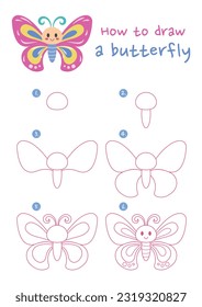 How to draw a butterfly vector illustration. Draw a butterfly step by step. Cute and easy drawing guide.