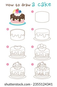 How to draw a cake vector illustration. Draw a cake step by step. Cute and easy drawing guide.