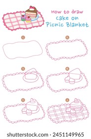 How to draw cakes on picnic blanket vector illustration. Draw Cute cakes on picnic mat step by step. Cute and easy drawing guide.