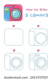 How to draw a camera vector illustration. Draw a camera step by step. Cute and easy drawing guide.