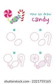 How to draw candy vector illustration. Draw candy cane, lollipop and taffy, step by step. Cute and easy drawing guide.