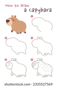 How to draw a capybara vector illustration. Draw capybara step by step. Cute and easy drawing guide.