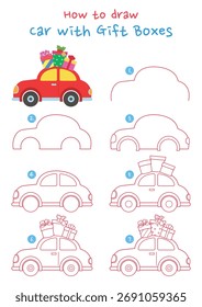 How to draw a car with gift boxes vector illustration. Draw a car with gift boxes on top step by step. Cute and easy drawing guide.