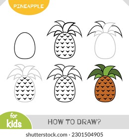 Cómo dibujar la caricatura de la fruta de la piña. Curso de dibujo educativo paso a paso para niños. Una guía simple para aprender a dibujar