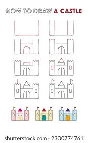 Cómo dibujar un castillo. tutorial de dibujo paso a paso. Simple juego educativo. Vector