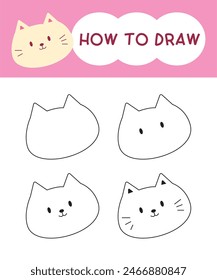 How to draw cat face cartoon step by step for learning, kid, education and coloring book. Vector illustration