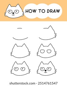 Cómo dibujar dibujos animados de cara de gato paso a paso para aprender, niños, educación y libro para colorear. Ilustración vectorial
