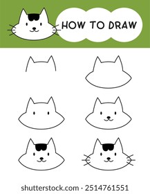 How to draw cat face cartoon step by step for learning, kid, education and coloring book. Vector illustration