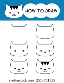 How to draw cat face cartoon step by step for learning, kid, education and coloring book. Vector illustration