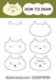 How to draw cat face cartoon step by step for learning, kid, education and coloring book. Vector illustration