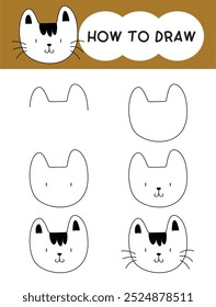 How to draw cat face cartoon step by step for learning, kid, education and coloring book. Vector illustration