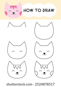 How to draw cat face cartoon step by step for learning, kid, education and coloring book. Vector illustration