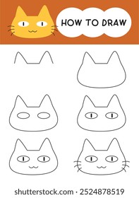 How to draw cat face cartoon step by step for learning, kid, education and coloring book. Vector illustration