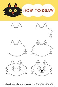 Cómo dibujar dibujos animados de cara de gato paso a paso para aprender, dibujar, niños, educación y libro para colorear 
