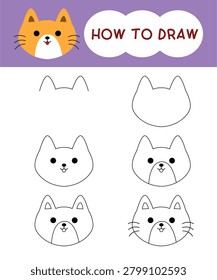 How to draw cat face cartoon step by step for learning, kid, education and coloring book 
