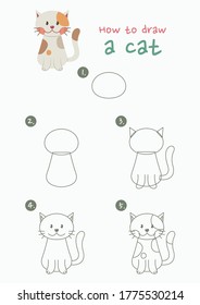 How to draw a cat vector illustration. Draw a kitten step by step. Cat drawing guide. Cute and easy drawing guidebook.